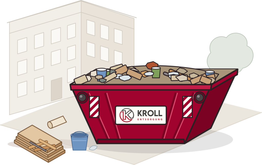 Kroll-Container mit Baumischabfall vor einem Berliner Altbau, davor Pappe, ein Eimer und Holzreste