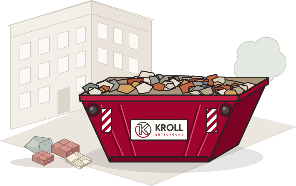 Kroll-Bauschuttcontainer vor einem Berliner Altbau mit Ziegeln, Beton und Fliesen