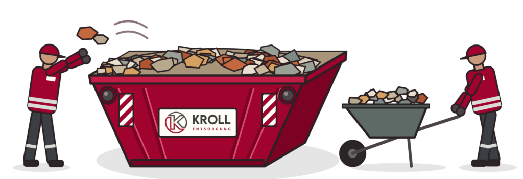 Zwei Kroll-Helfer befüllen einen Container mit Bauschutt, einer mit Schubkarre