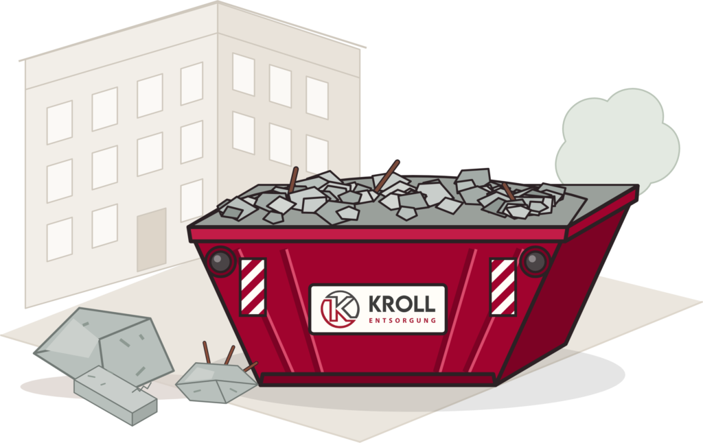 Kroll-Container mit Betonbruch vor einem Berliner Altbau, davor Betonbrocken mit Bewehrung