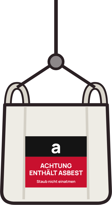 Asbest-Big-Bag mit Asbest-Kennzeichen am Kranhaken