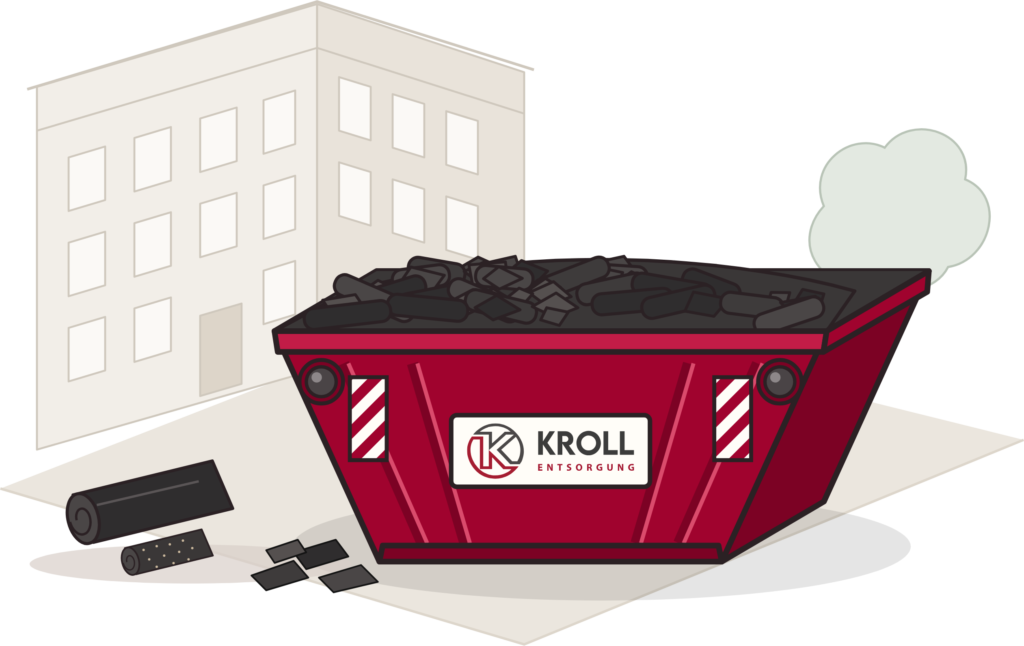 Kroll-Container mit Dachpappe vor einem Berliner Altbau, davor Bitumenrollen und Stücke von Dachpappe