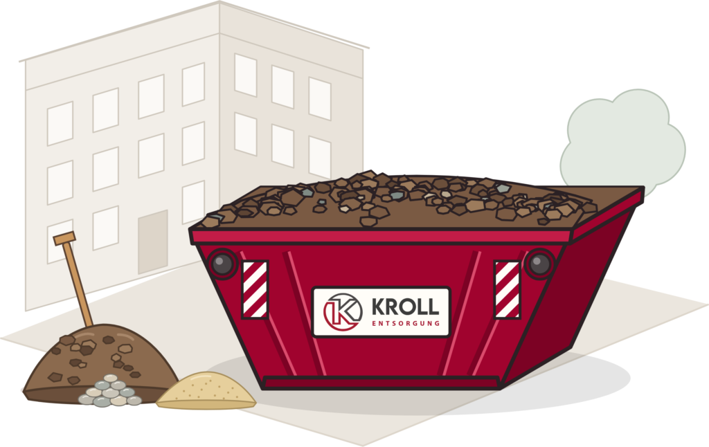 Kroll-Container mit Erdaushub vor einem Berliner Altbau, davor Erde, Sand und Kies