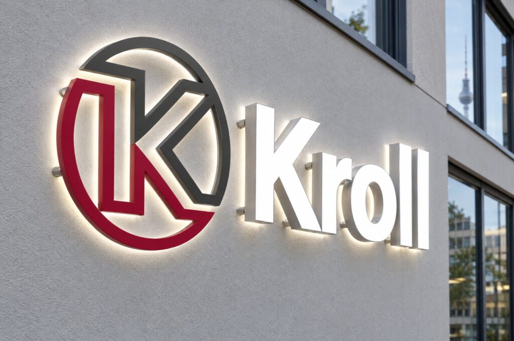 Leuchtendes Kroll-Logo an der Fassade
