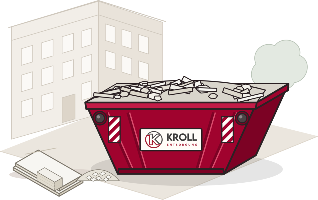 Kroll-Container mit Gipskartonplatten vor einem Berliner Altbau, davor gestapelte Platten, Gipsdielen und Gipsputz