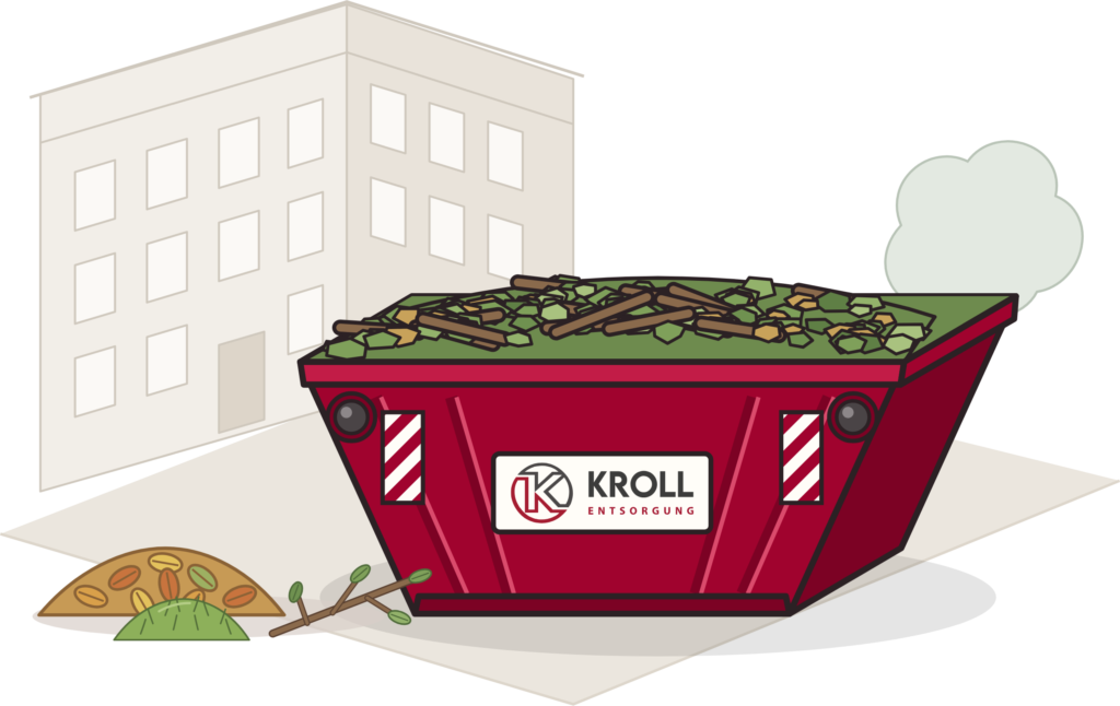 Kroll-Container mit Grünschnitt vor einem Berliner Altbau, davor Laub, Äste und Rasenschnitt