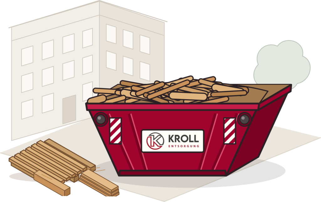 Kroll-Container mit Altholz vor einem Berliner Altbau, davor eine Palette und Bretter