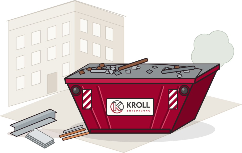 Kroll-Container mit Metallschrott vor einem Berliner Altbau, davor Stahlträger, Kupferrohre und Bleche