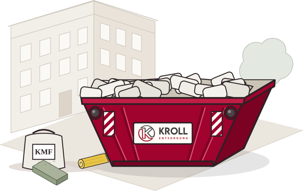Kroll-Container mit verschlossenen KMF-Säcken vor einem Berliner Altbau, davor ein KMF-Sack, eine Rolle Glaswolle und eine Steinwollplatte