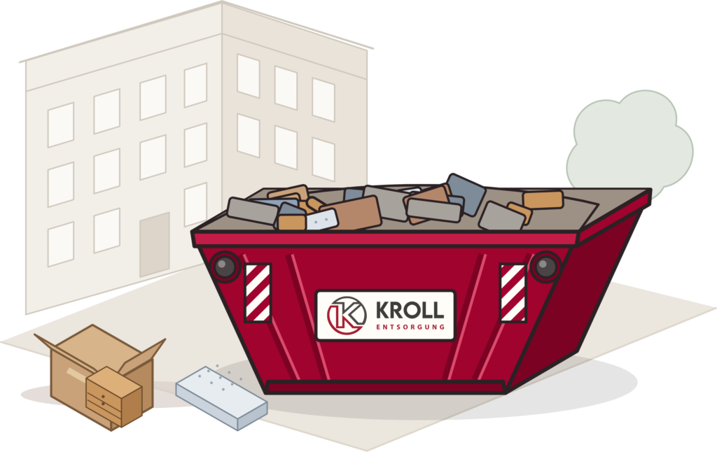 Kroll-Container mit Sperrmüll vor einem Berliner Altbau, davor ein Karton, eine Matratze und eine Kommode