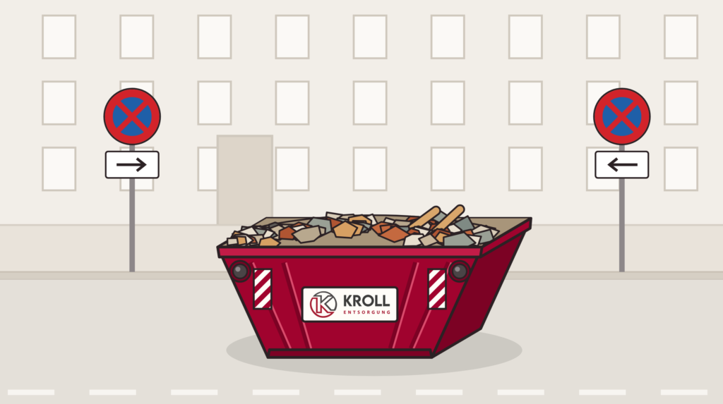 Kroll-Container auf einem Parkstreifen vor einem Berliner Altbau, links und rechts Halteverbotsschilder