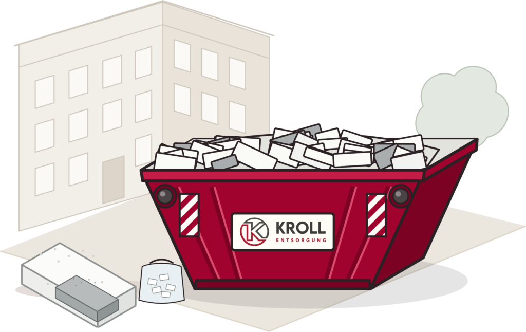 Kroll-Container mit Styroporplatten vor einem Berliner Altbau, davor weiße und graue Dämmplatten und ein Sack mit Styropor